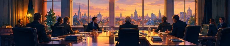 Un conseil des ministres autour d'une longue table, devant la ville au couchant