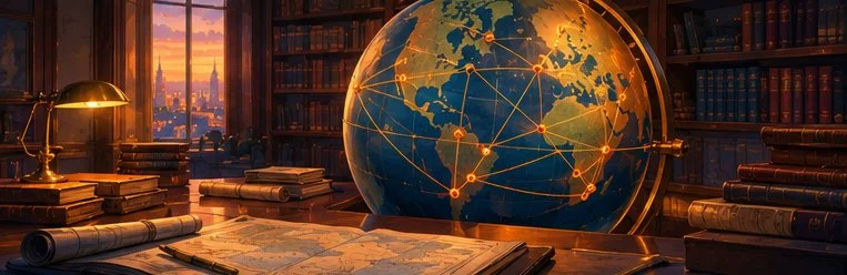 Un globe ancien relié par des routes commerciales dorées, dans une bibliothèque